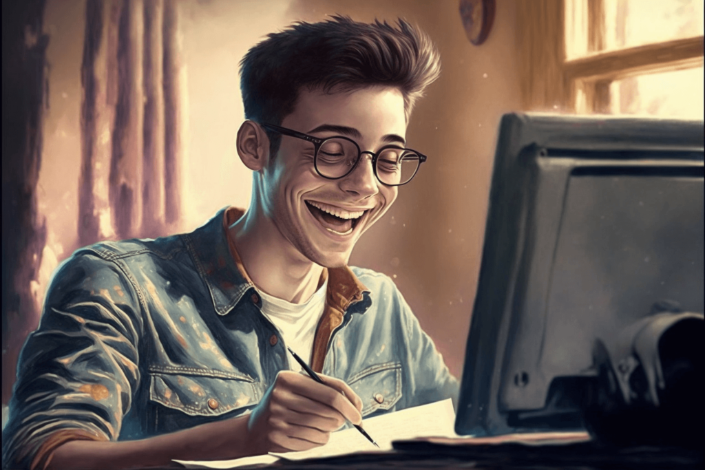 digital illustration of a student with glasses working at a computer happy to discover past paper exams to help him prepare