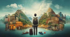 A man walking into a bright city to start his career