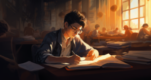 a student reading and writing in a library
