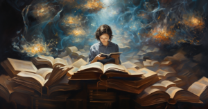 a kid reading and surrounded by books showcasing her knowledge