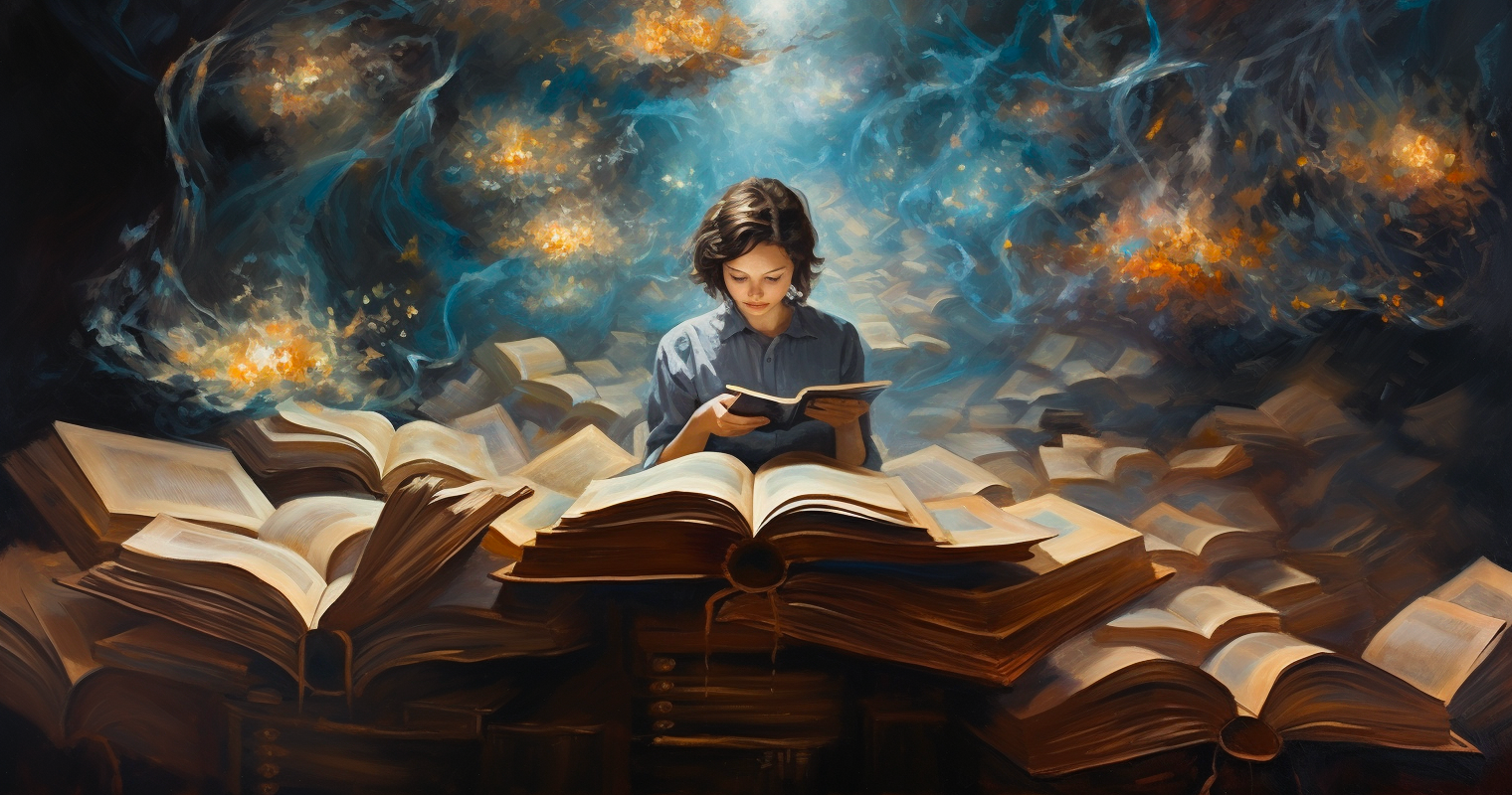 a kid reading and surrounded by books showcasing her knowledge