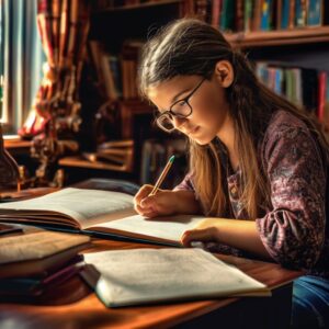 A school kid studying her books