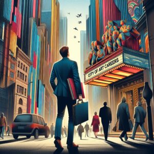 A successful man walking in a town of art