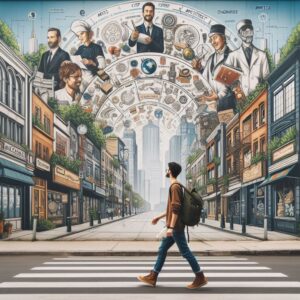 A school student walking in a world of many career choices