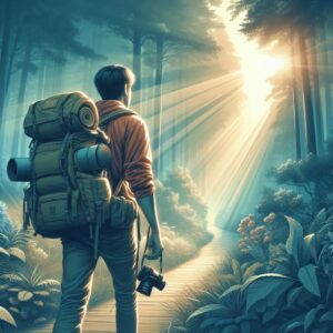 A tourist holding his camera and a hiking bag